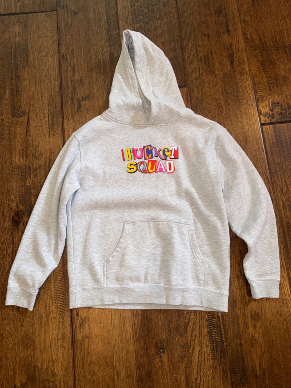 Gray 'Bucket Squad' Graphic Hoodie. YOUTH LARGE. WORN ONCE.